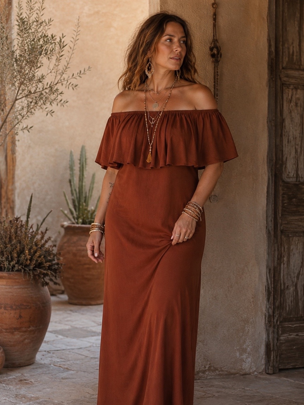 Zara Rust Off-Shoulder Maxi Dress